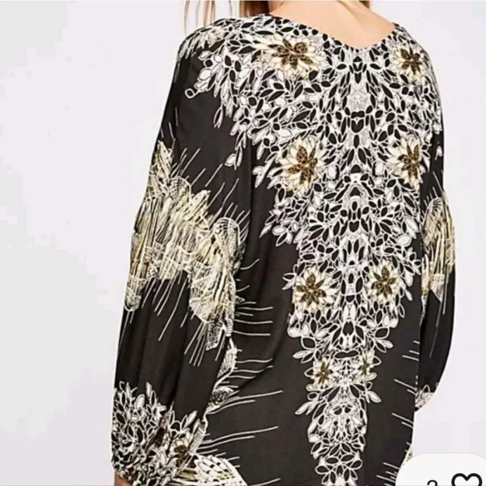 FREE PEOPLE -1816 Birds of a Feather Balloon Sleeve Printed Blouse Black Tan XS‎